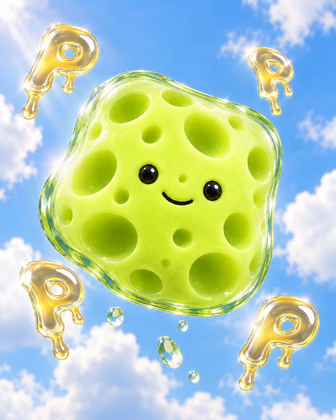 A smiling lime glass Sponge floating among golden dripping Ps in a blue sky